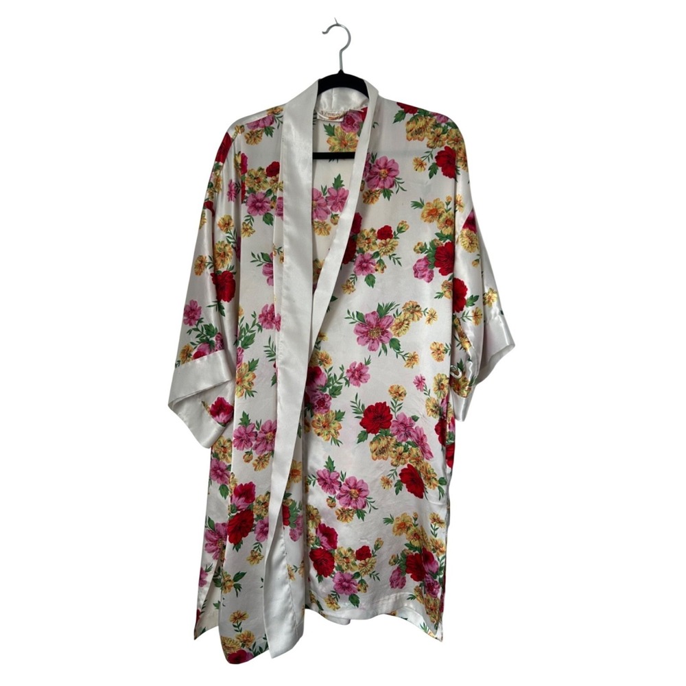 VTG Victoria's Secret Gold Label Kimono Satin Robe OS Ivory Floral Print NO BELT